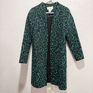 Helene Berman Teal Leopard Print Coat Women’s XS Wool Blend Blue Green Pockets